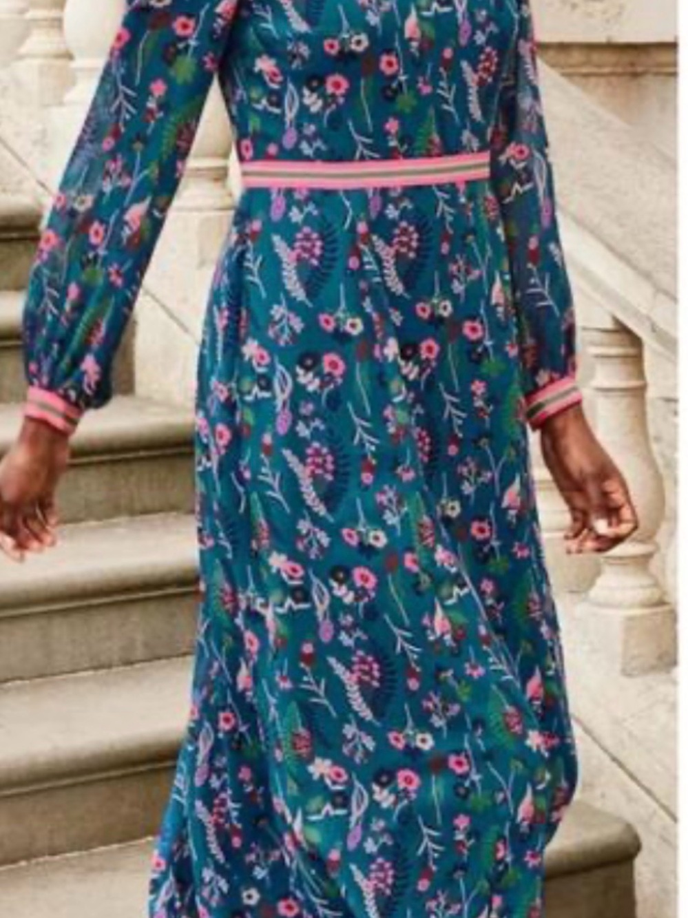 Boden Blue Floral Midi Dress with Pink Trim - Picture 6 of 6